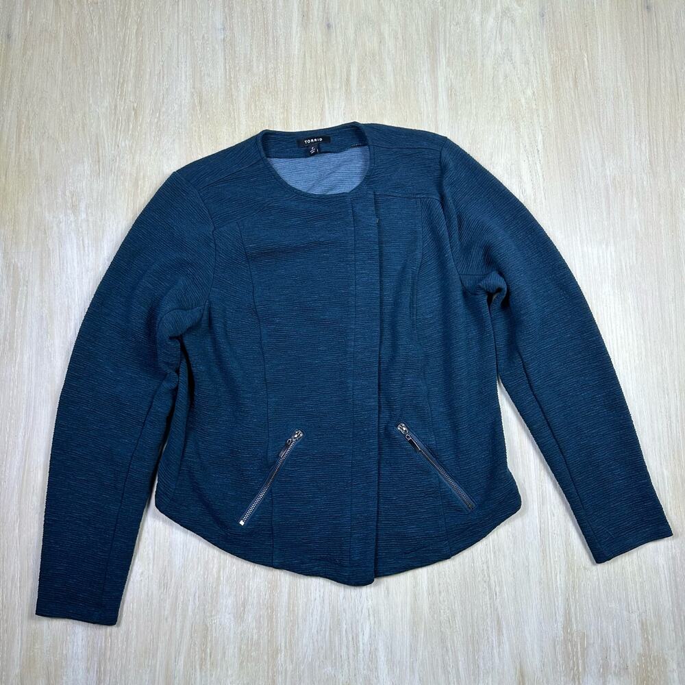 Torrid Studio Double Knit Moto Zip Up Jacket Teal Blue Classic Career Plus 2X